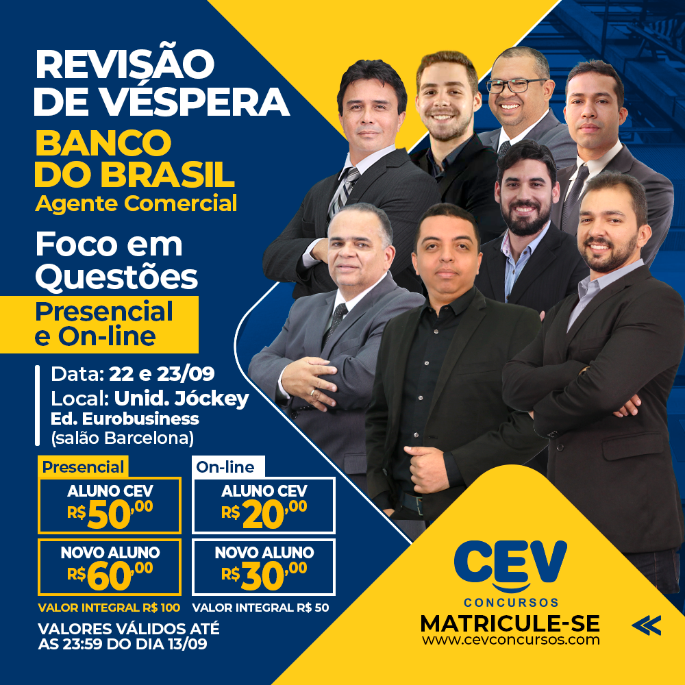 Vem aí a revisão de véspera para o concurso do Banco do Brasil. Garanta já a sua vaga e fique mais próximo da aprovação!
